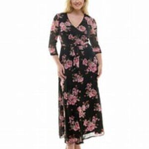 Harlow & Rose Women's 3/4 Sleeve Faux Wrap Dark Floral Mesh Maxi Dress Sz PL